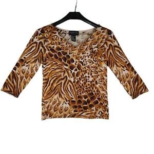 August Silk Women's Size S Button Up Leopard Print Cardigan Brown Gold Silk Y2k